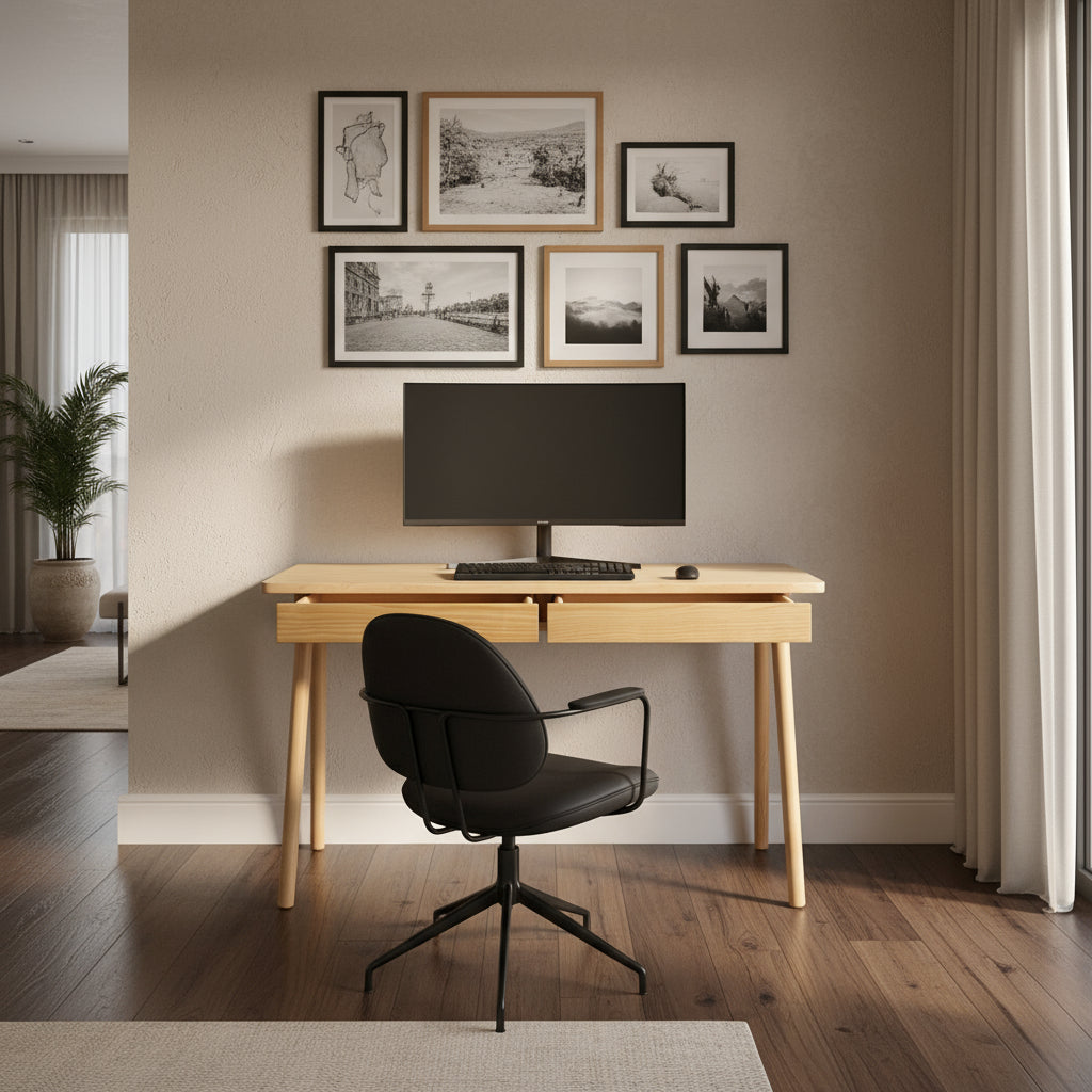 Escritorio de madera de pino natural con dos cajones