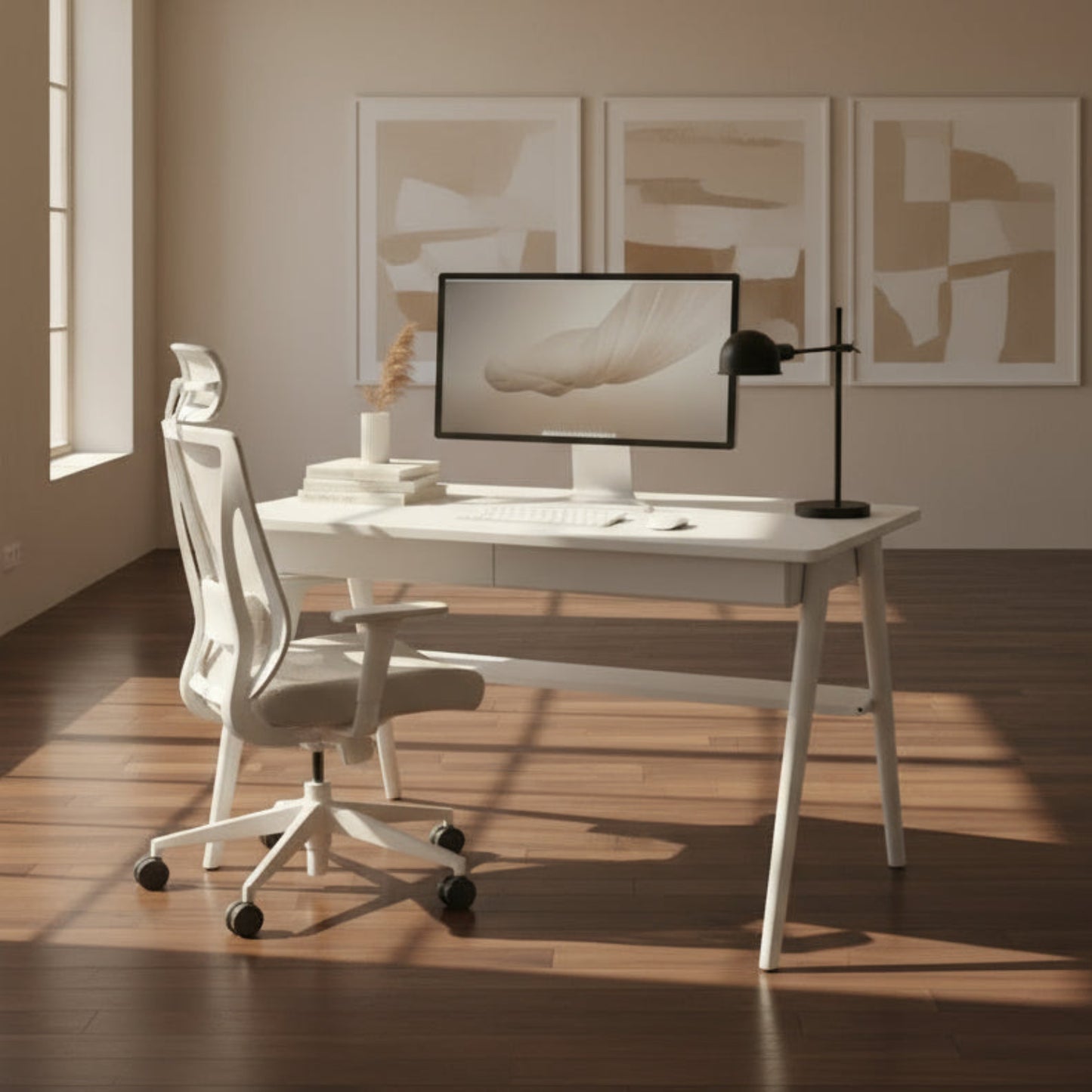 Escritorio de madera blanco con 2 cajones 