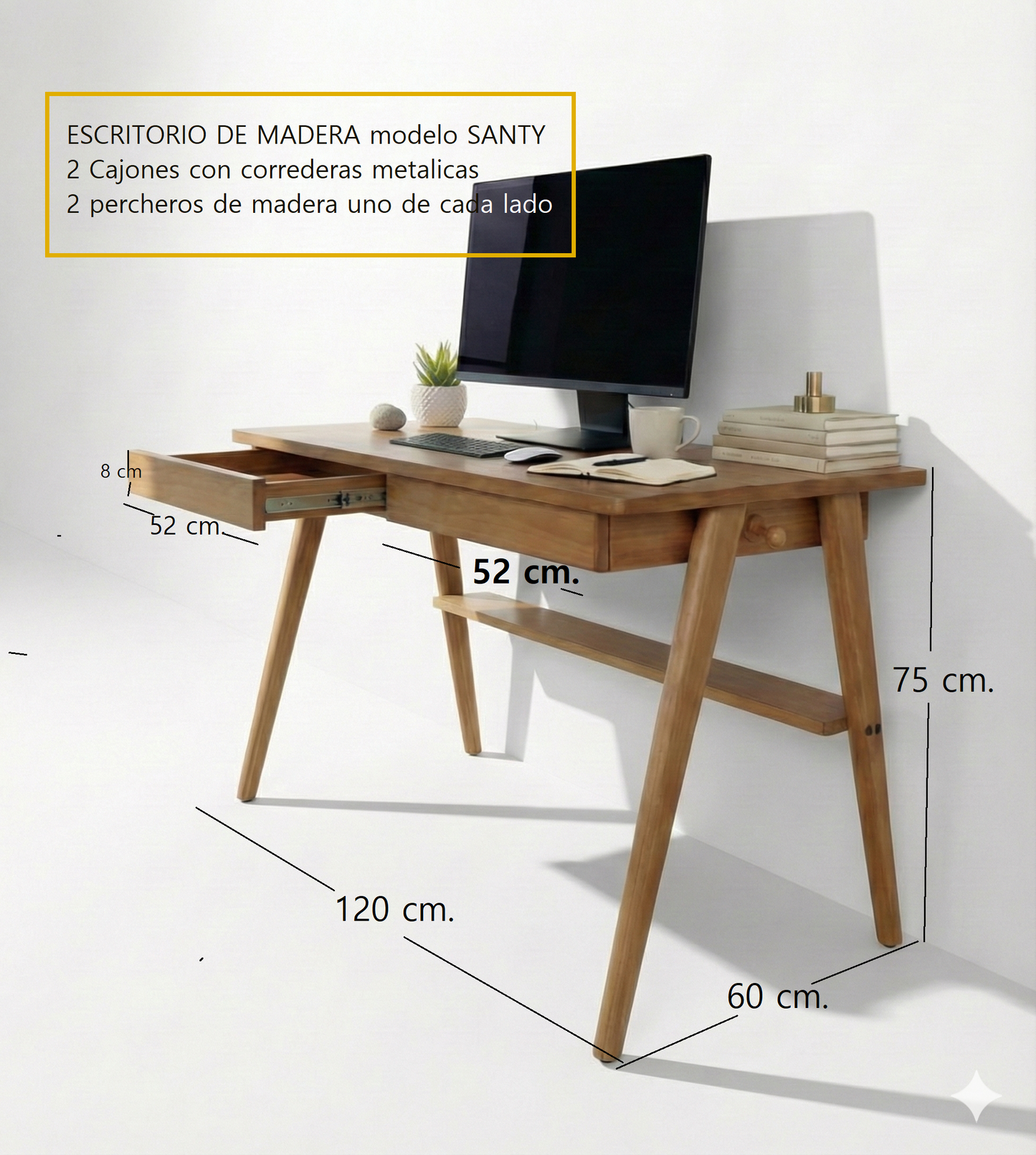 Escritorio de madera medidas: 120 cm largo, 75 cm. altura, 60cm. ancho. Con 2 cajones