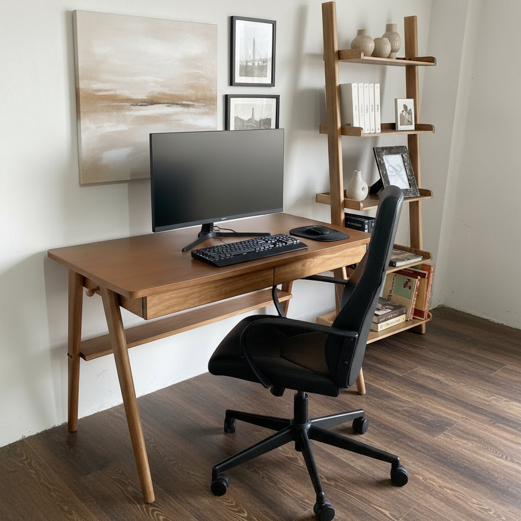 Set de Escritorio y Librero madera sólida modelo Santy  Roble 