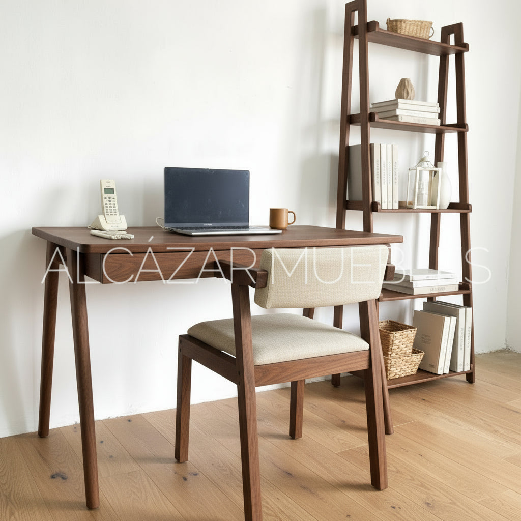 Escritorio De Madera y Silla Tapizada Mod. Santy Nogal alcazarmuebles.com