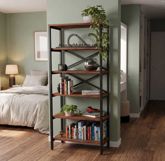 Librero Industrial Sylvan | Madera Maciza y Metal | 6 Entrepaños | 1.80 m