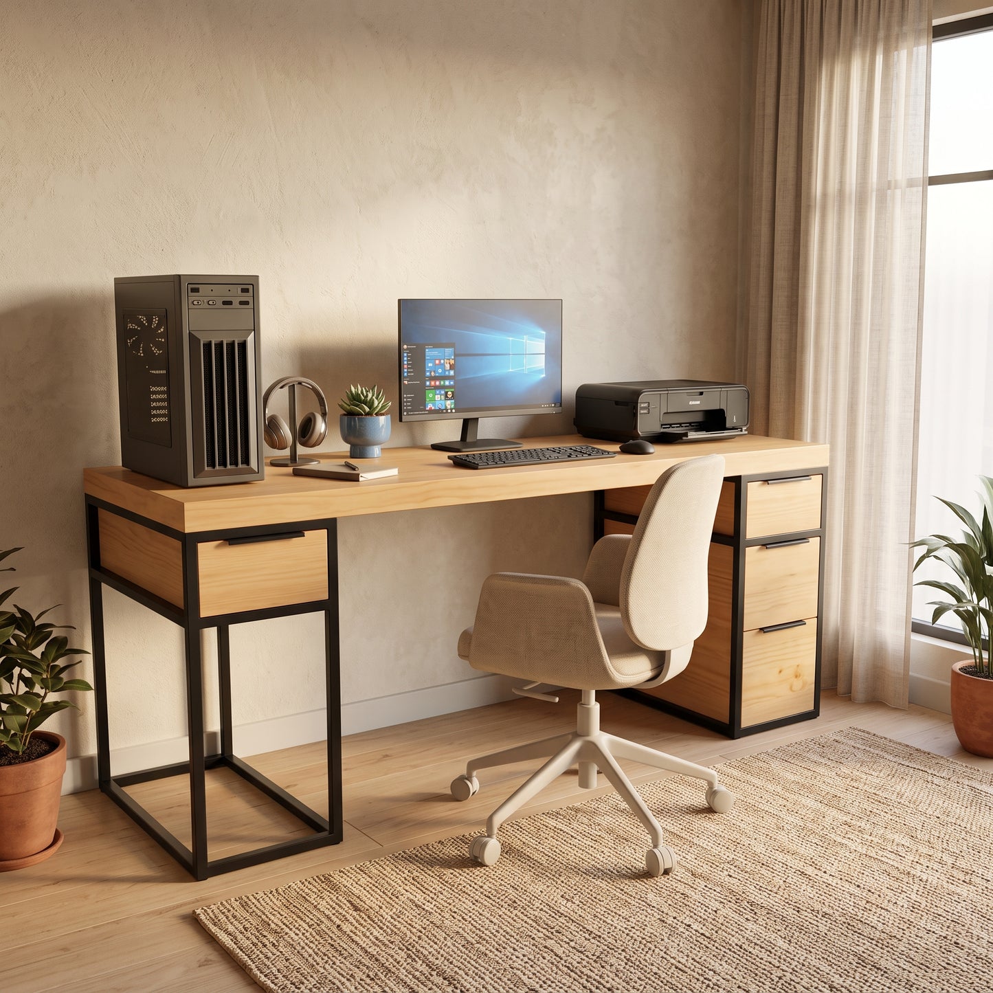 Escritorio de Madera y Acero Home Office 180 Configurable de 0 a 6 Cajones