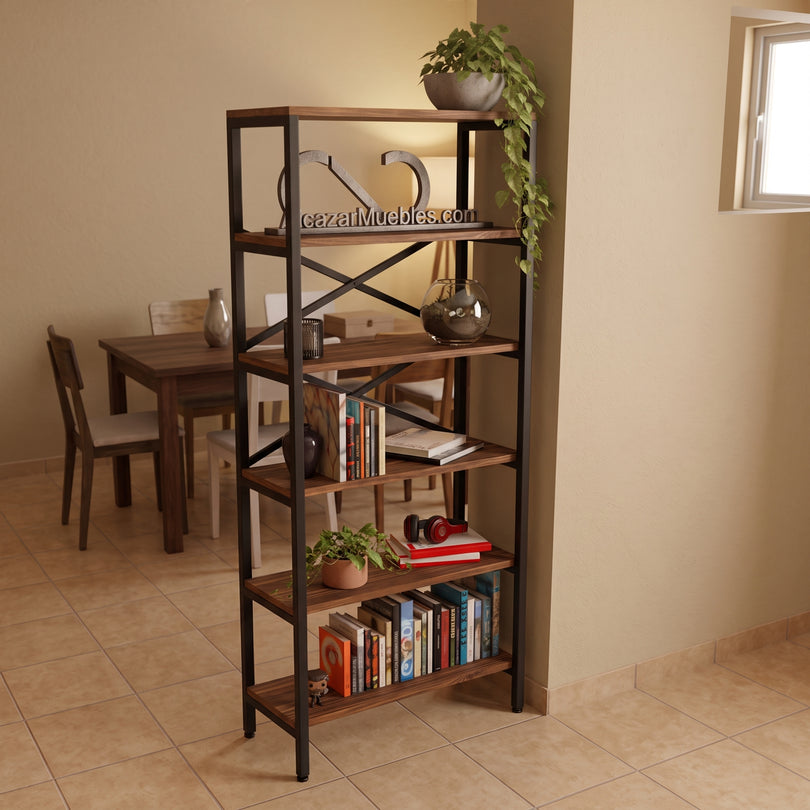 Librero Industrial Sylvan | Madera Maciza y Metal | 6 Entrepaños | 1.80 m