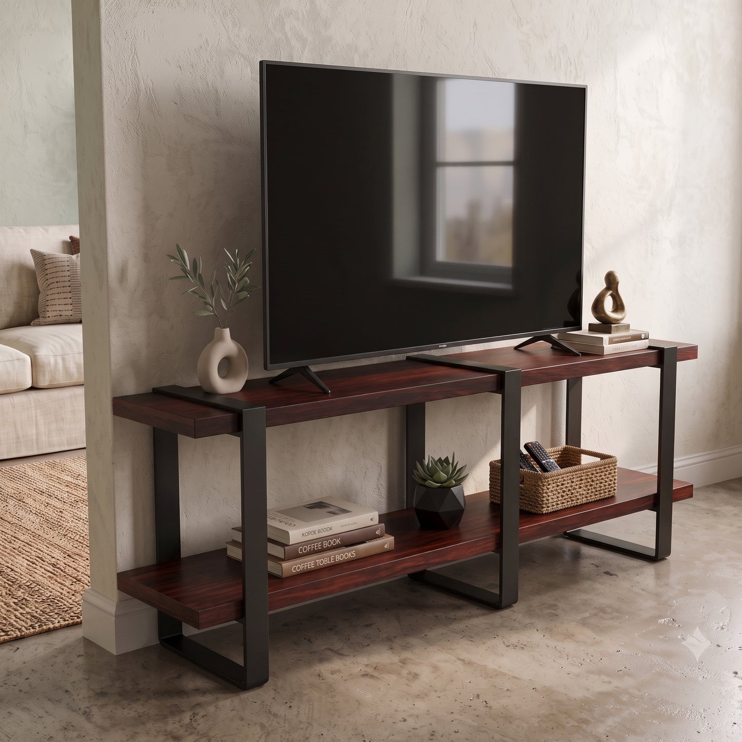 Rack para TV ORVOK en acabado nogal y estructura negra, con televisor y plantas en una sala junto a una ventana.