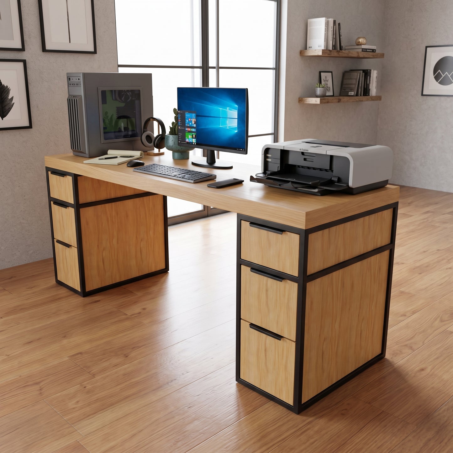 Escritorio de Madera y Acero Home Office 180 Configurable de 0 a 6 Cajones