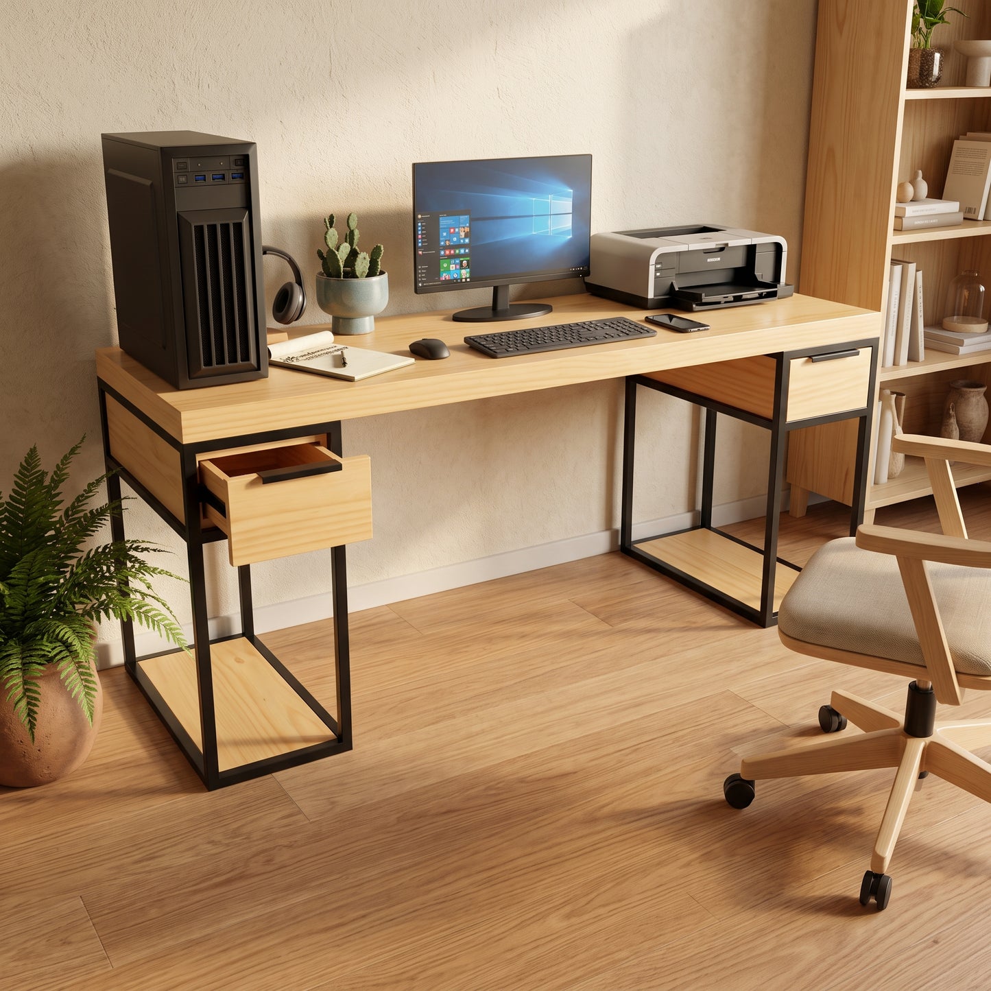 Escritorio de Madera y Acero Home Office 180 Configurable de 0 a 6 Cajones