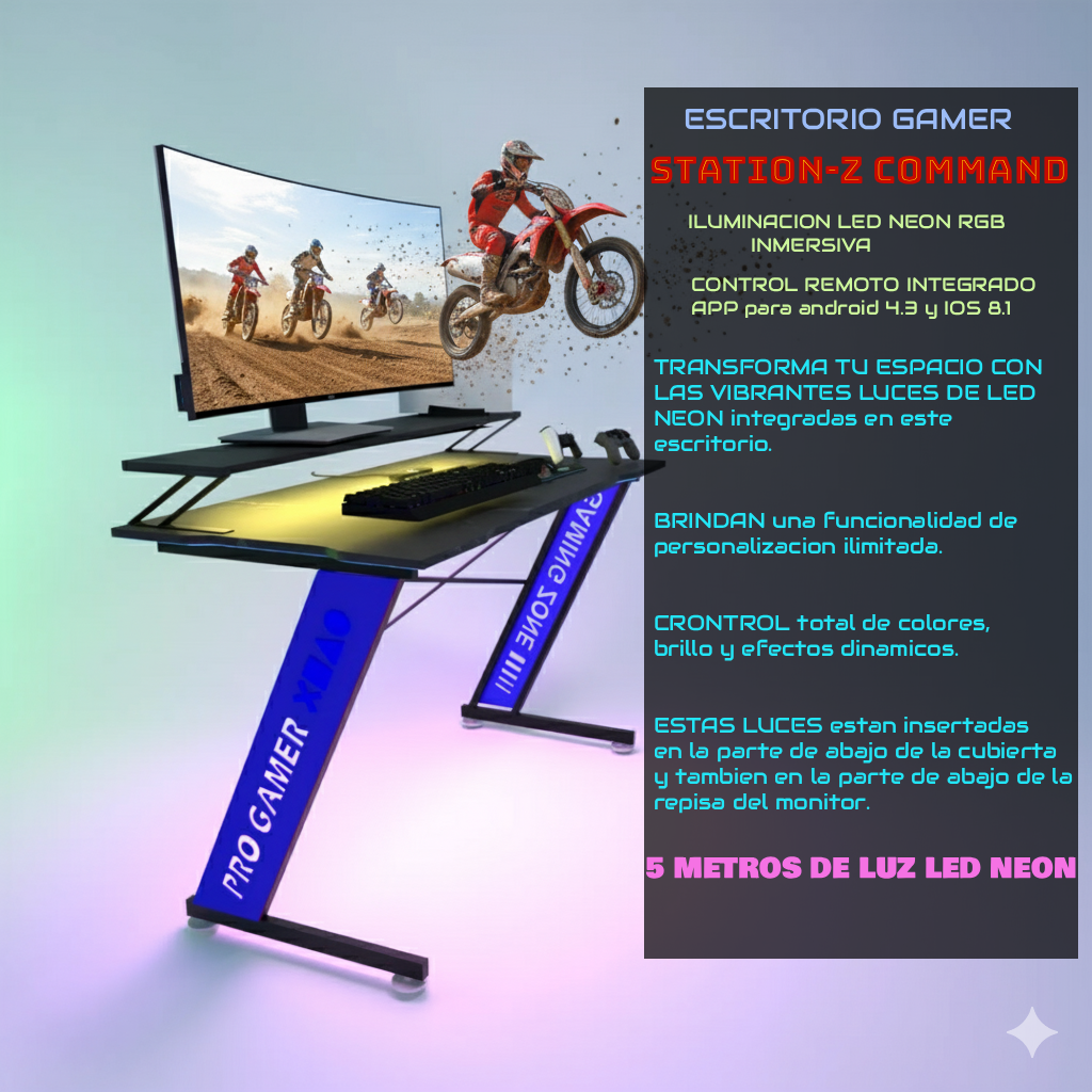 Escritorio Gamer con Luces LED 1.2 x .6 x .75 mts ¡3 Colores!