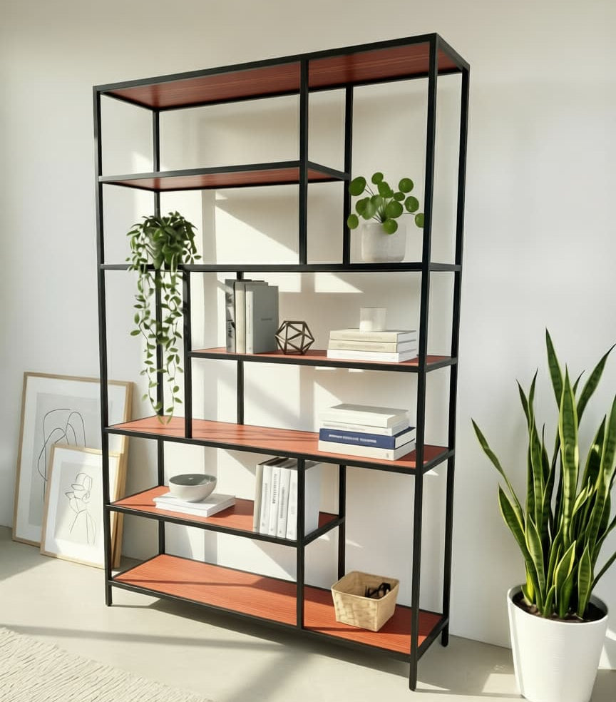 librero estilo industrial de metal y madera cedro