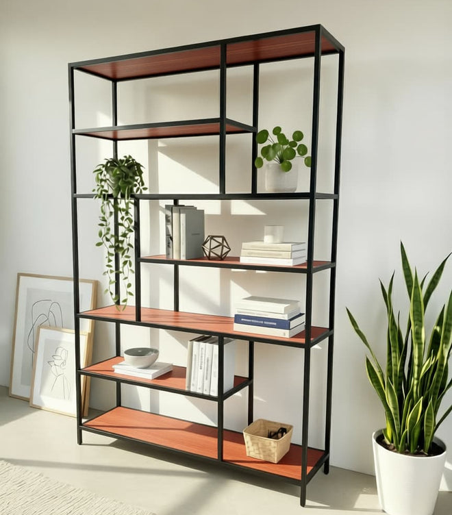 librero estilo industrial de metal y madera cedro