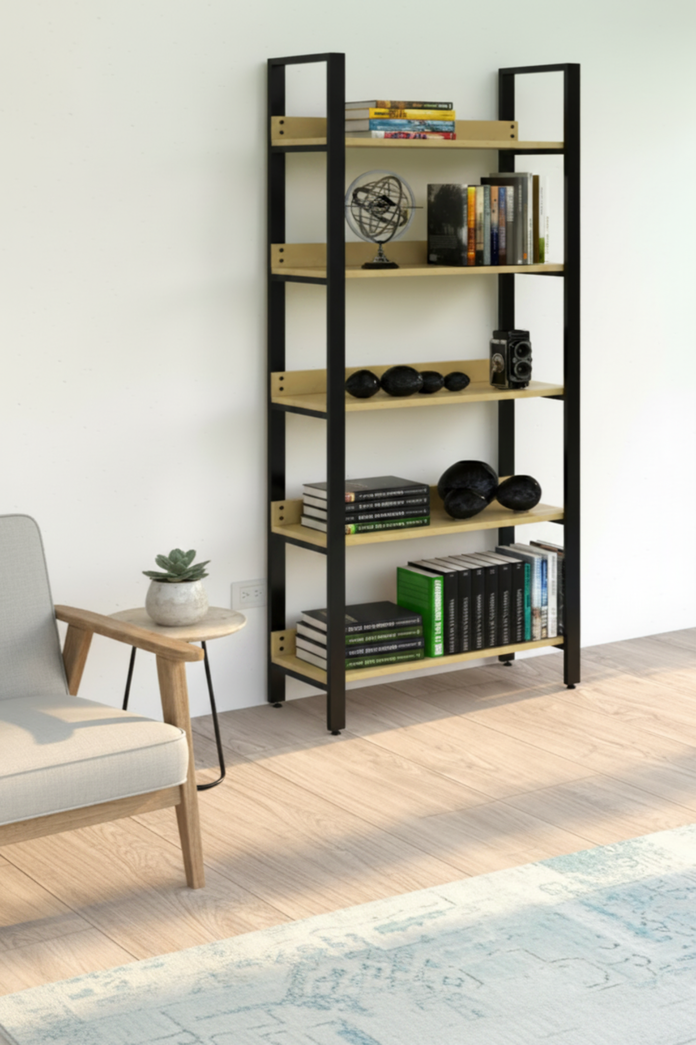 Librero Bergen 100 cm en ambiente de home office con estilo industrial minimalista, disponible en Nogal, Pino Natural y Roble Claro