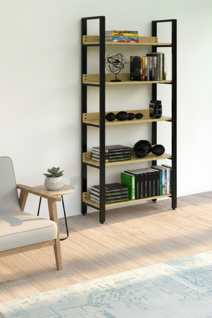 Librero Bergen 100 cm en ambiente de home office con estilo industrial minimalista, disponible en Nogal, Pino Natural y Roble Claro