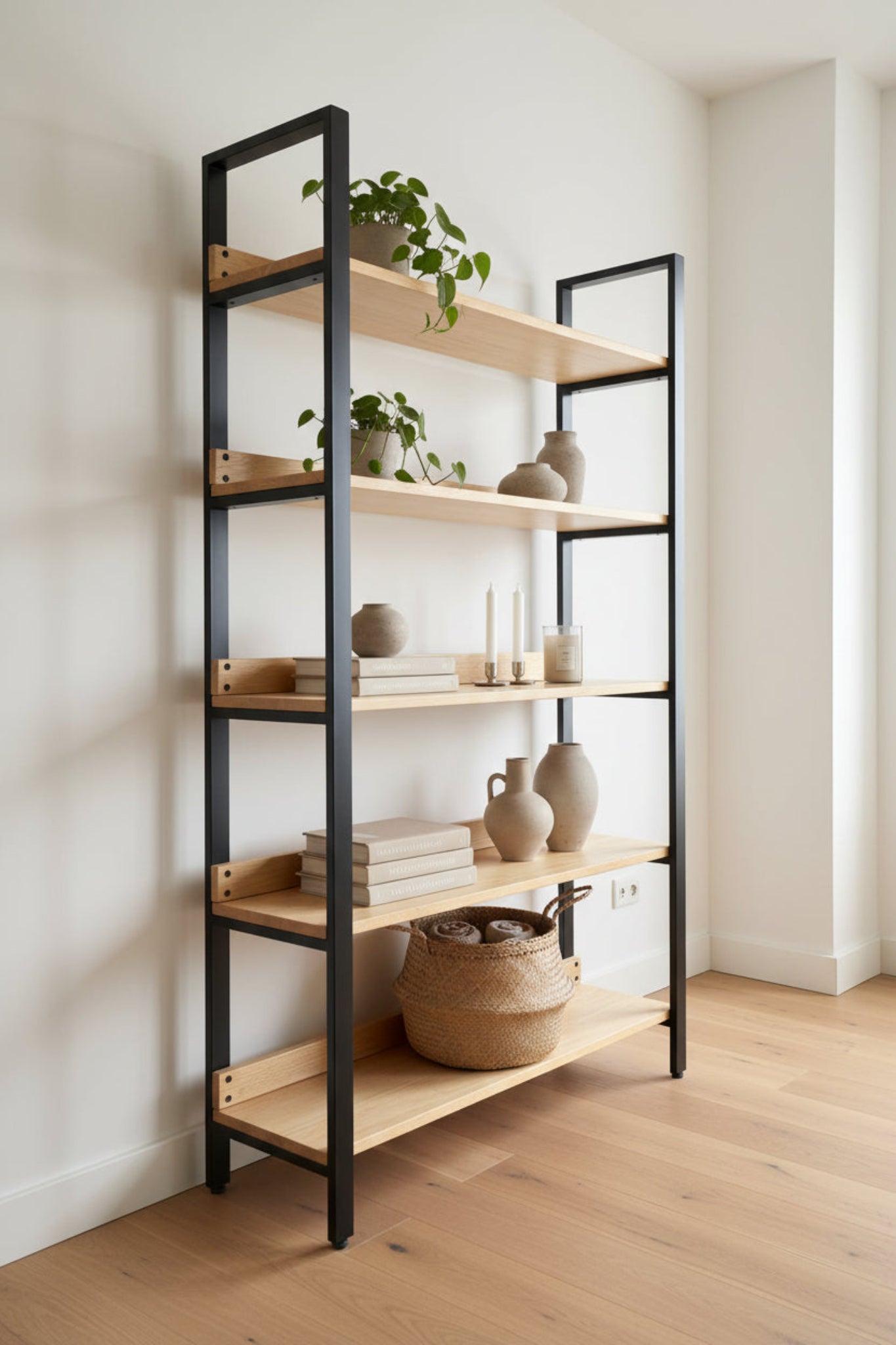 Estantería Bergen 100 cm pino natural con 5 entrepaños, diseño nórdico-industrial para home office o sala