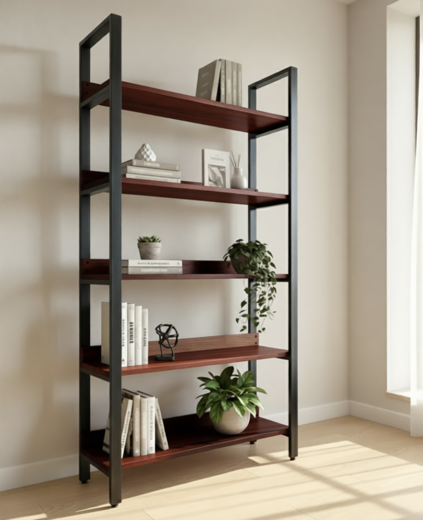Librero Bergen 120 cm color Nogal con veta natural oscura, 5 entrepaños decorados con plantas, libros y objetos decorativos en sala contemporánea luminosa
