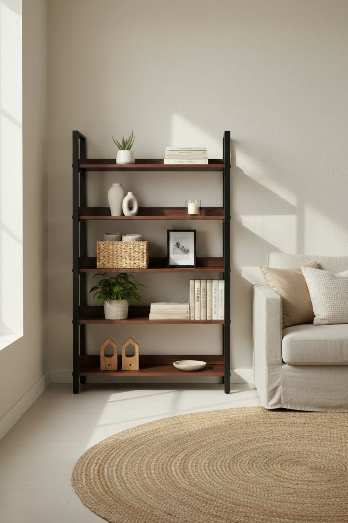Librero Bergen 120 cm Nogal en rincón de sala con sofá beige y tapete de yute, decorado con canasta, plantas, jarrones y libros, diseño industrial-minimalista atemporal