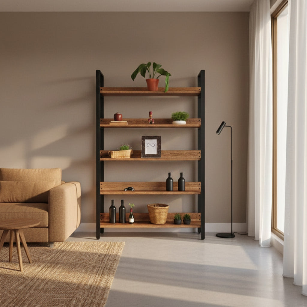 Estantería abierta Bergen 120 cm color Pino Natural con 5 repisas de madera maciza y estructura de acero negro, en sala minimalista con libros y plantas