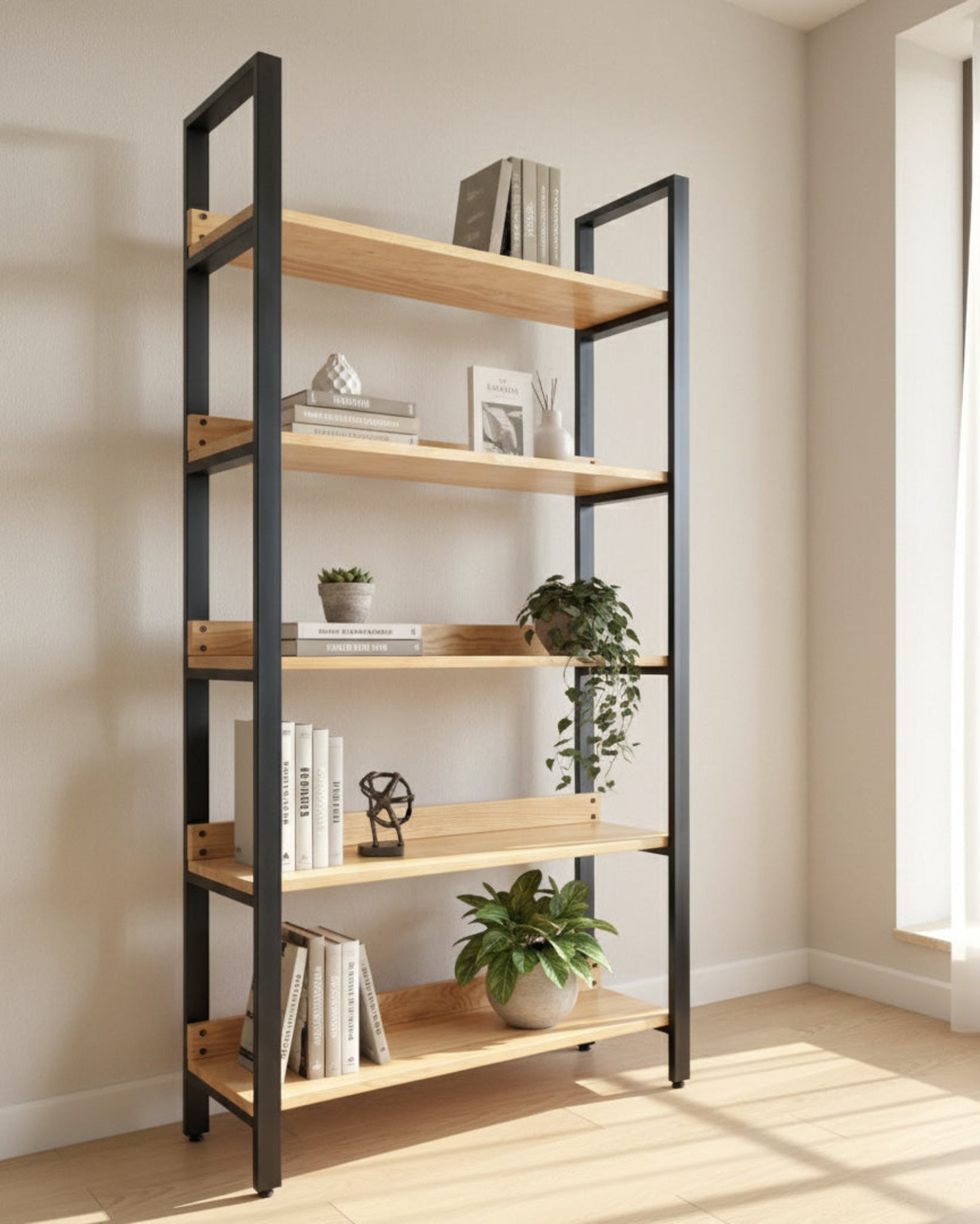 Estantería Bergen 120 cm Pino Natural con estructura de perfiles delgados de acero negro, concepto de estante abierto que genera amplitud visual en sala nórdica
