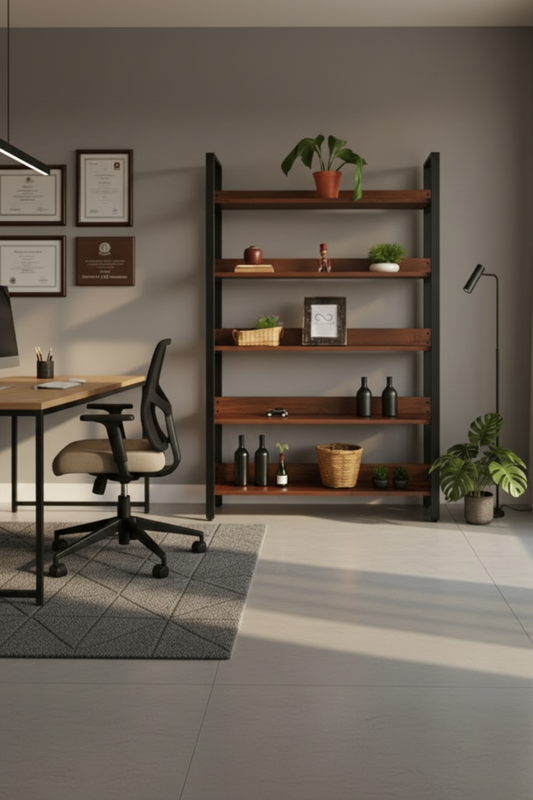 Librero Bergen 120 cm Pino Natural en oficina moderna, estante abierto con líneas limpias de acero negro y madera maciza, ideal para home office o espacio de trabajo
