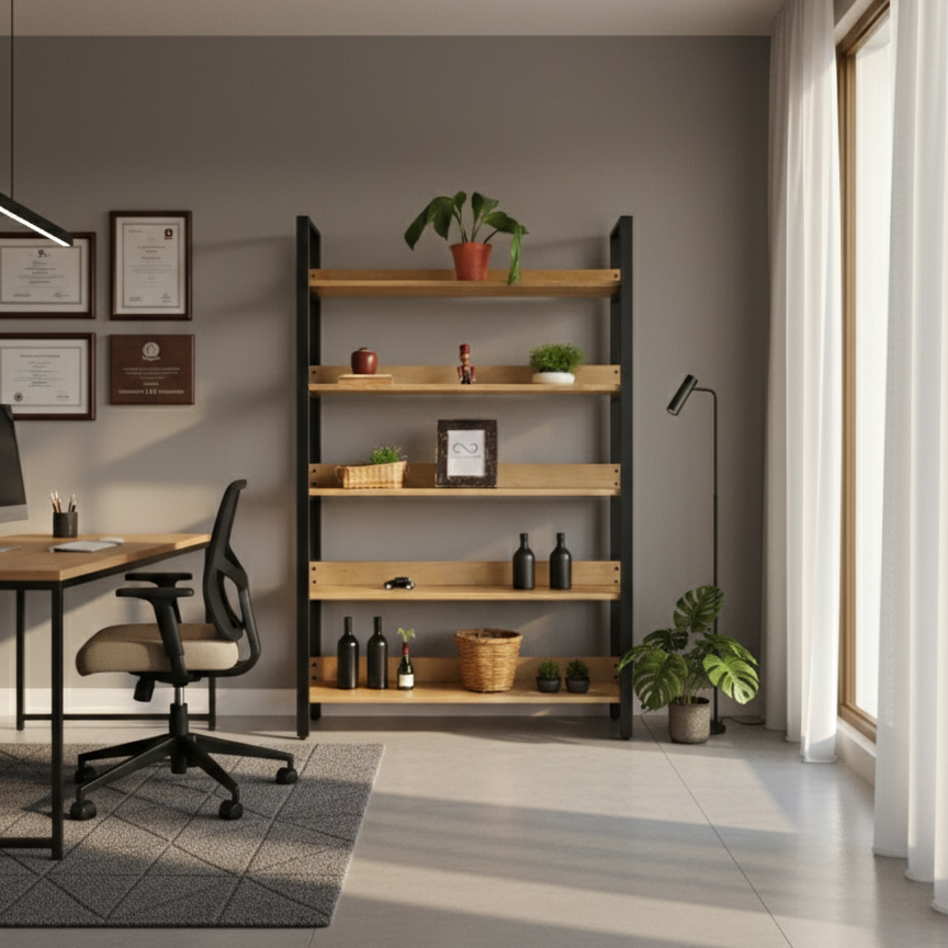 librero metal y madera con 5 repisas en una oficina