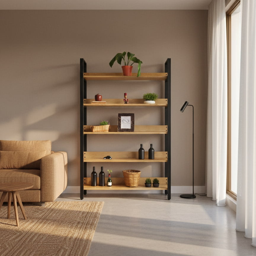 librero metal y madera con 5 repisas en una sala