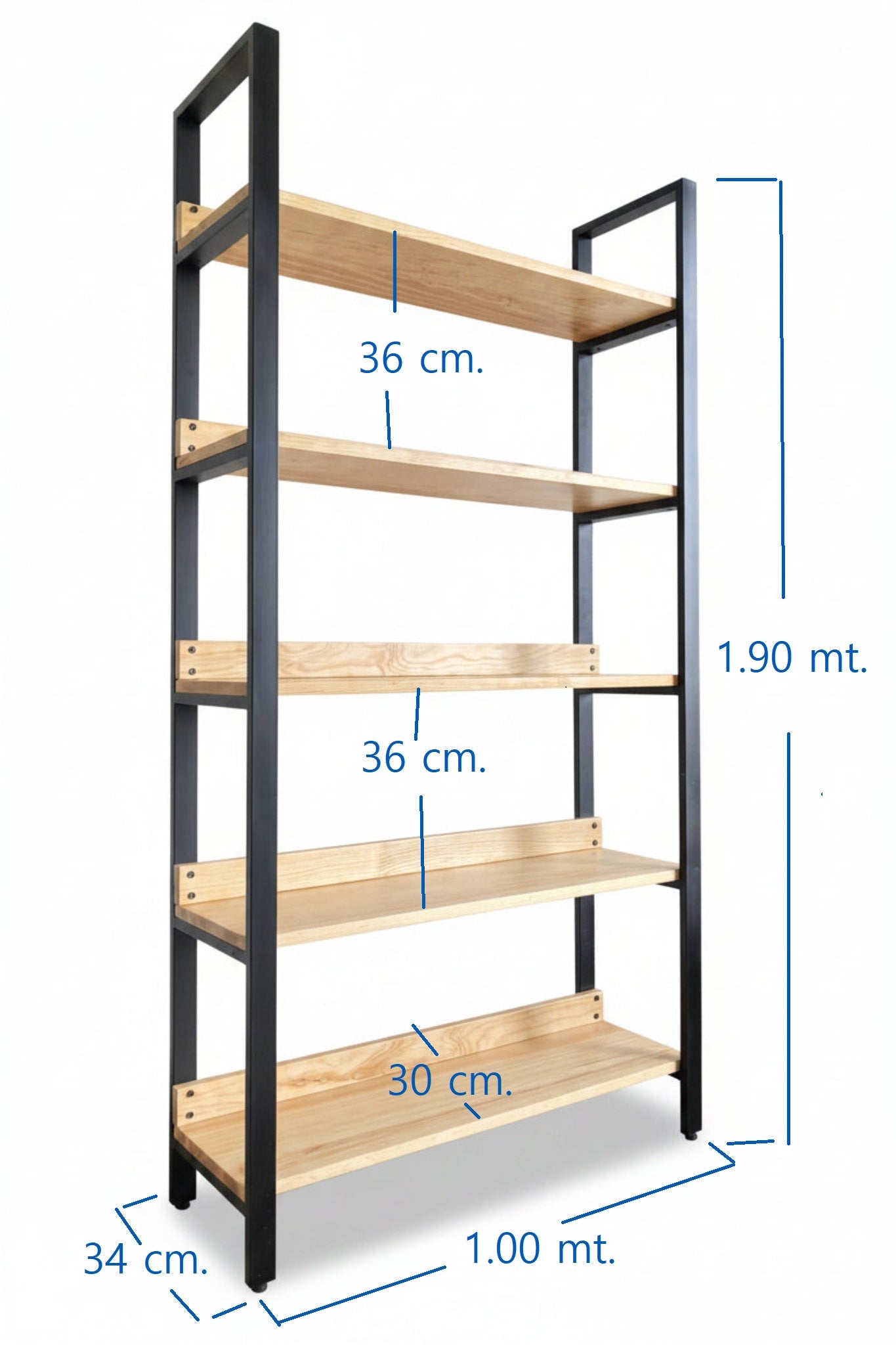 Librero madera y metal medidas reales diagrama (100×190×34 cm)