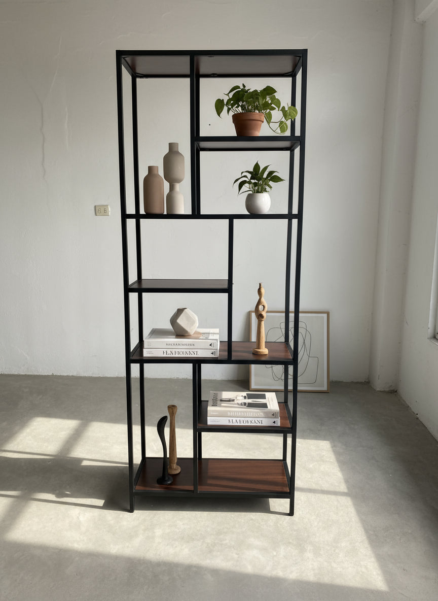 Librero Industrial metal modelo Roga 190x80x33cm Madera color Nogal