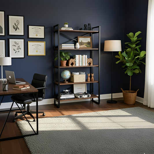 Librero industrial Fily de madera sólida en acabado nogal con estructura metálica negra, 5 entrepaños, 100 x 180 x 34.5 cm