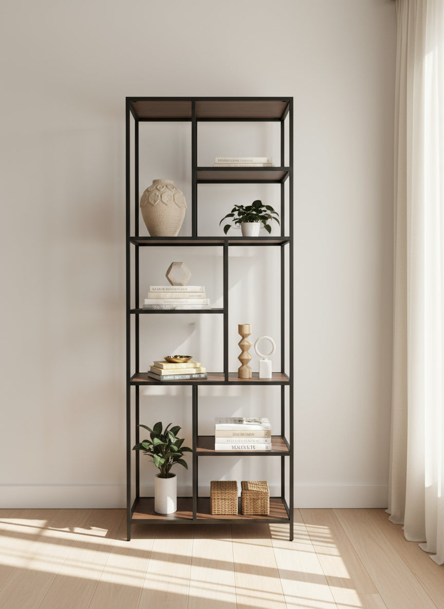 Librero Industrial metal modelo Roga 190x80x33cm Nogal 