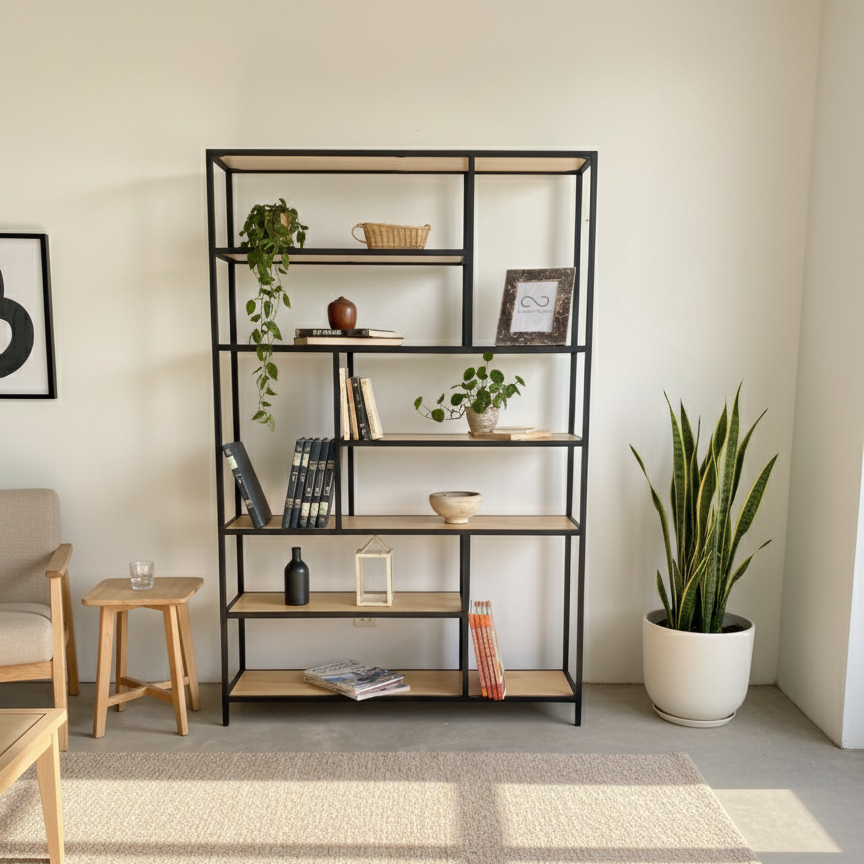 Librero estilo industrial con madera, 7 repisas