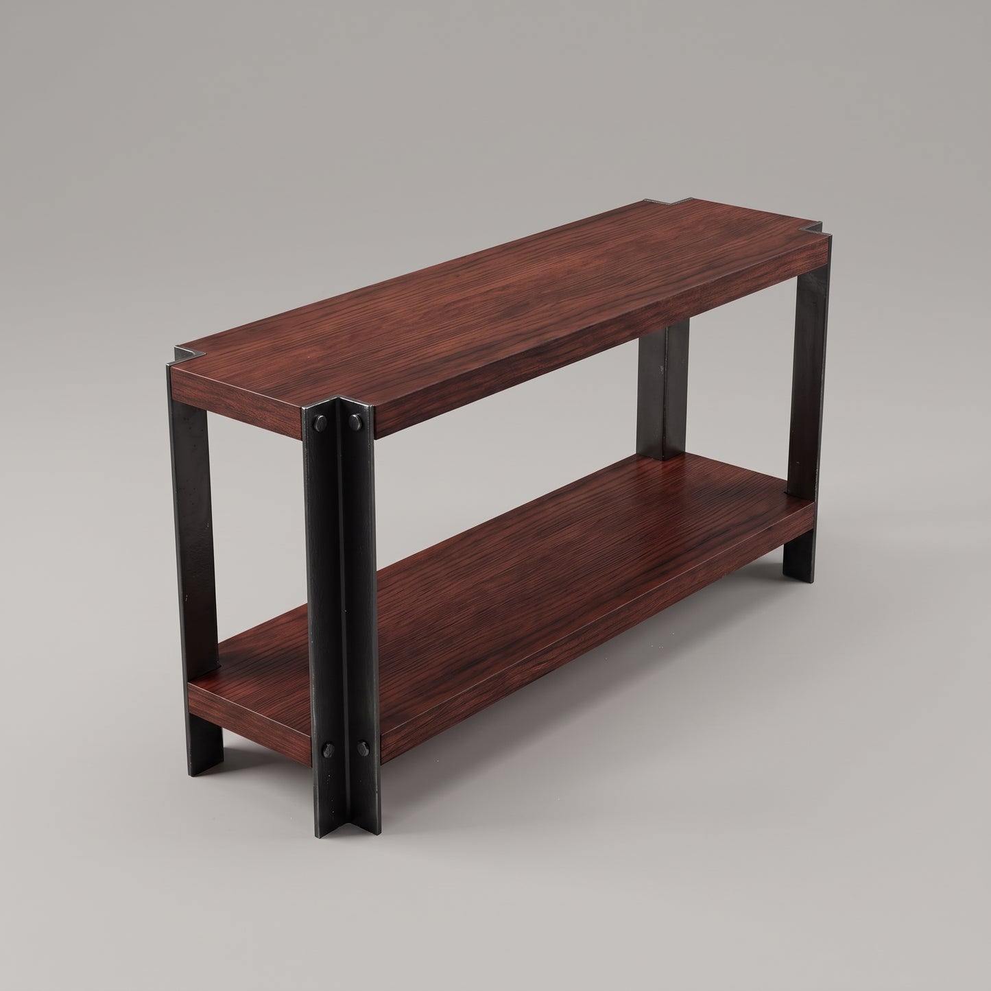 Mueble BRONTE en madera Nogal y estructura negra, visto en diagonal desde un costado.