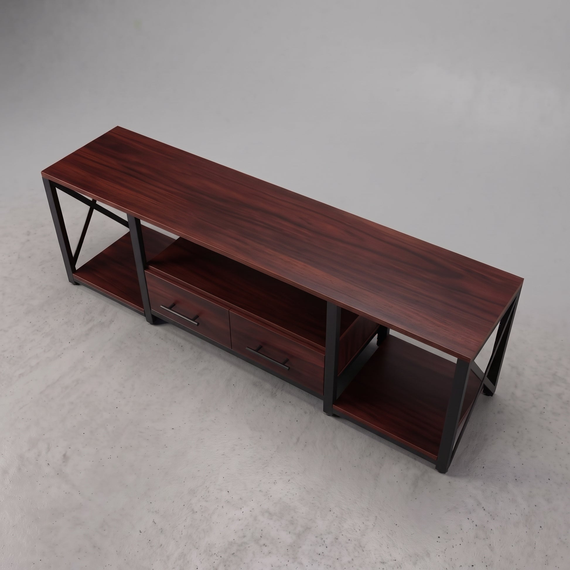 Vista superior del mueble para TV Amden de tono NOGAL oscuro, con dos cajones cerrados y repisas laterales abiertas.