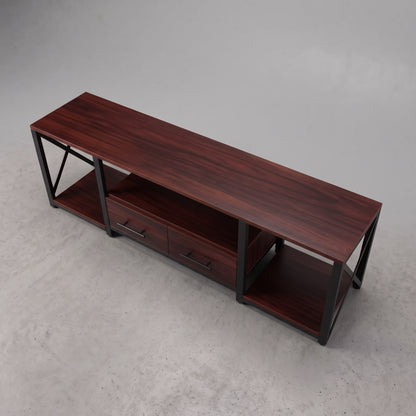 Vista superior del mueble para TV Amden de tono NOGAL oscuro, con dos cajones cerrados y repisas laterales abiertas.