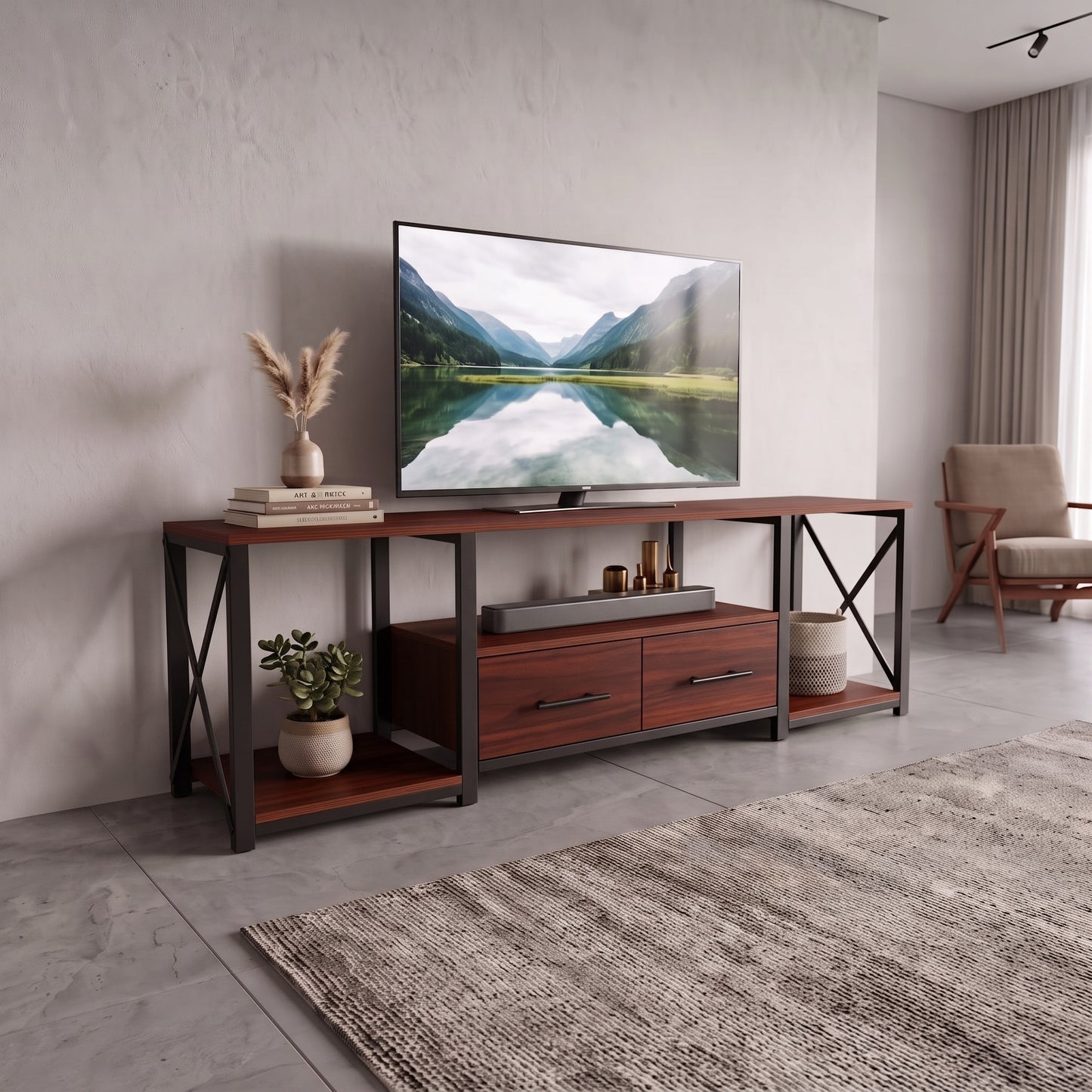 Mueble para TV Amden de tono NOGAL oscuro con televisión, barra de sonido, dos cajones y repisas laterales decoradas.