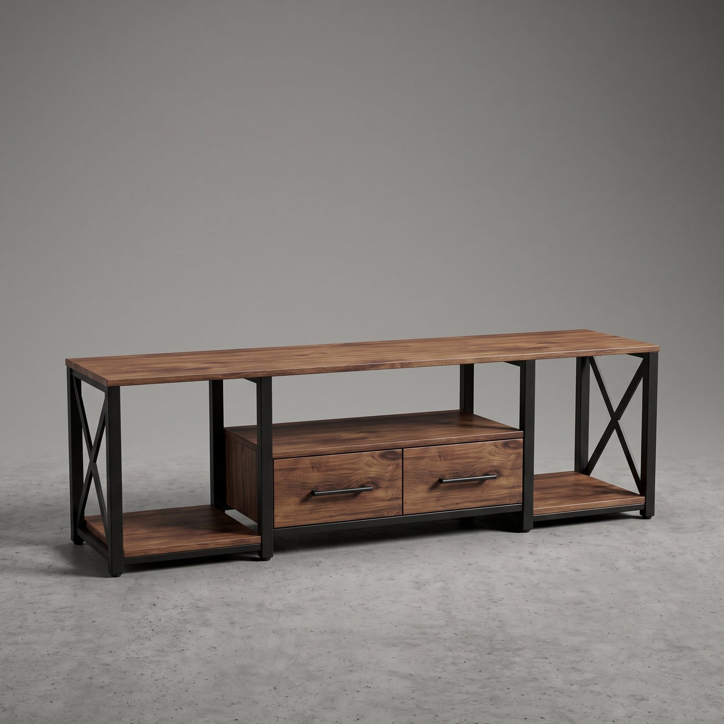 Mueble para TV Amden de madera con vetas visibles, dos cajones centrales y repisas laterales abiertas.
