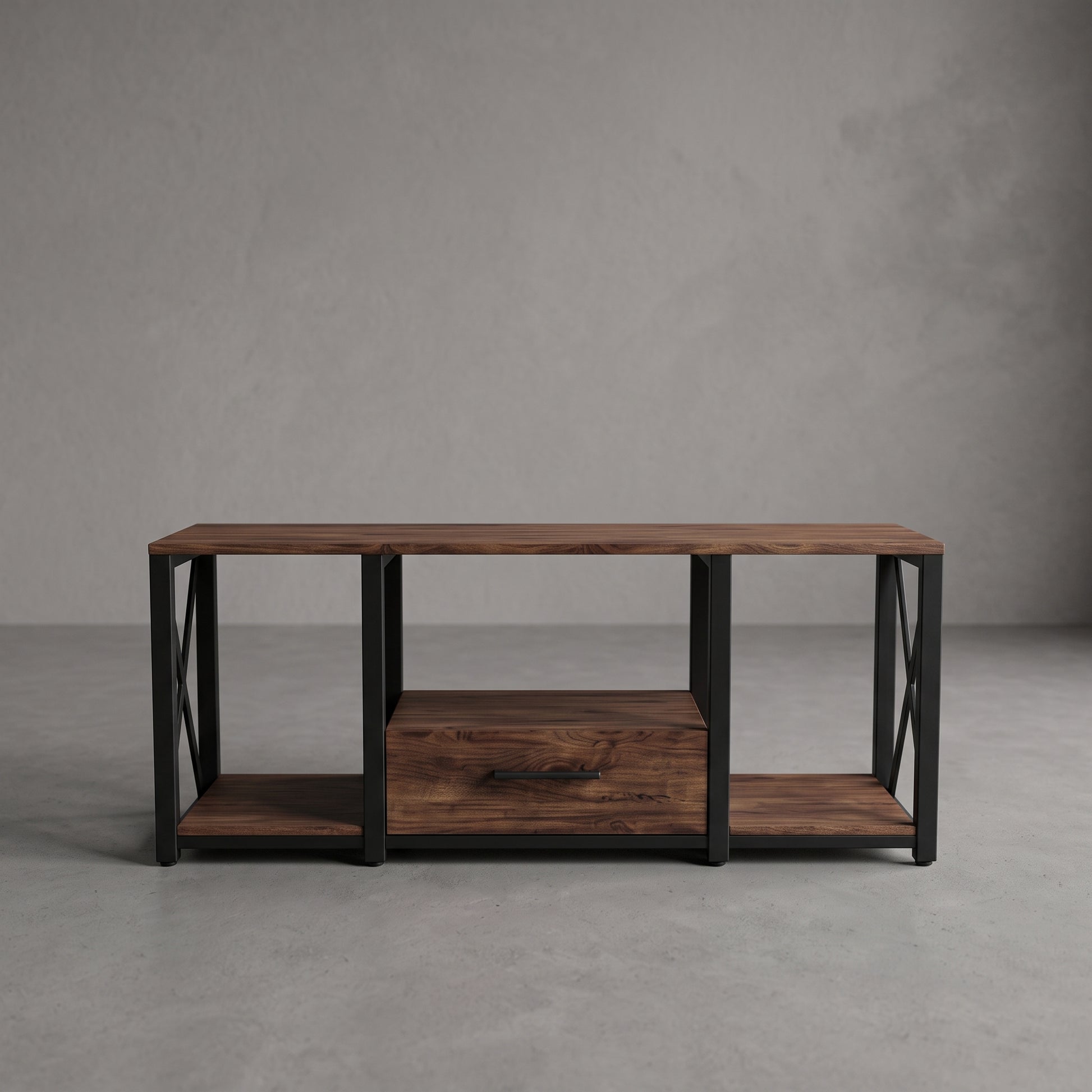 Vista frontal del mueble para TV Amden con un cajón central, repisas laterales y estructura negra.