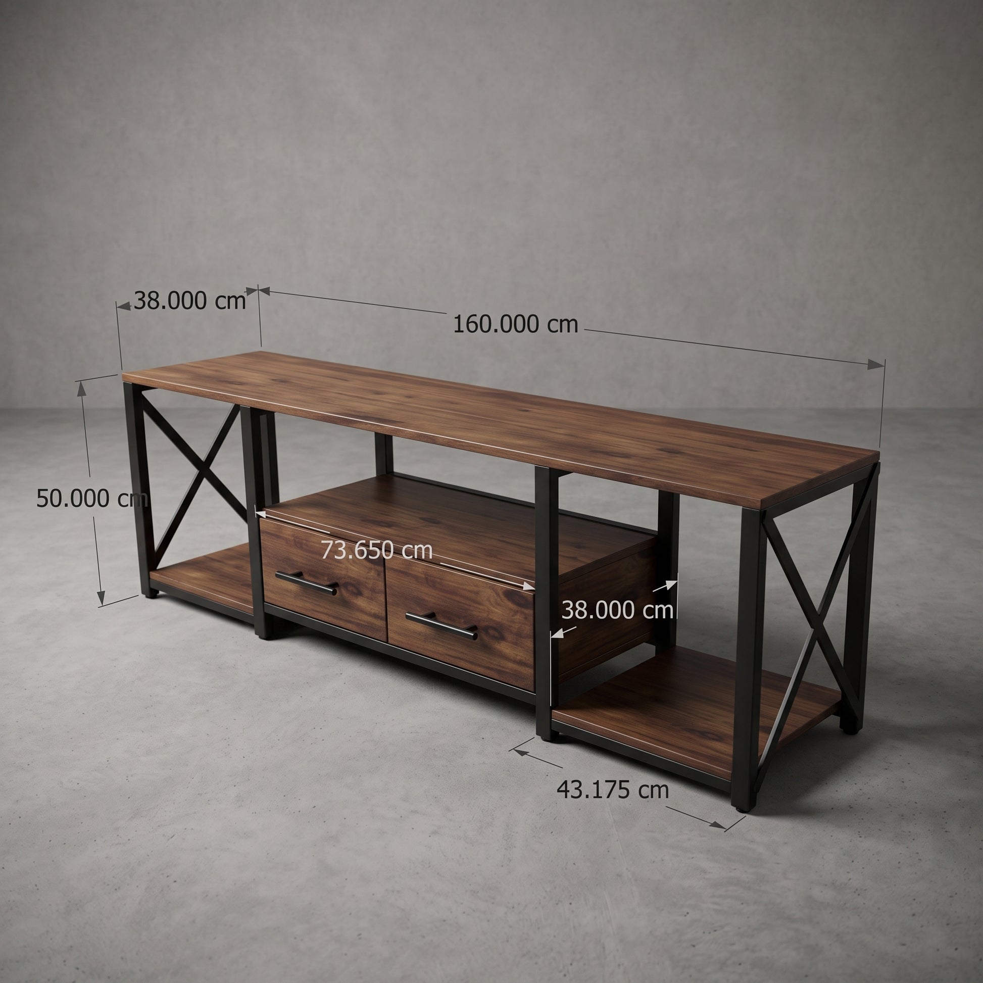 Diagrama del mueble para TV Amden con dos cajones, con medidas de 160 cm de ancho, 38 cm de fondo y 50 cm de alto.