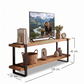 Rack para TV ORVOK de 120 × 31 × 42 cm, con dos repisas de madera y estructura negra.
