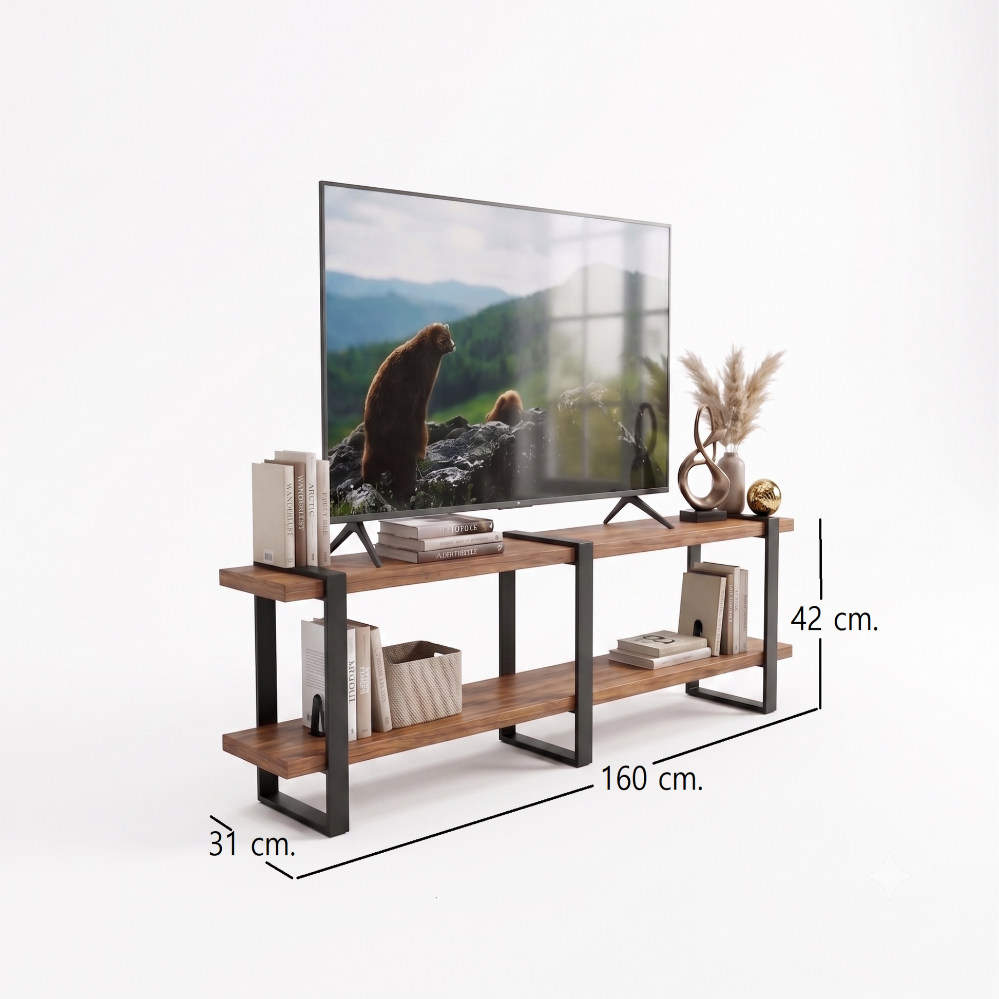 Rack para TV ORVOK de 160 × 31 × 42 cm, con tres soportes de acero y dos niveles abiertos.