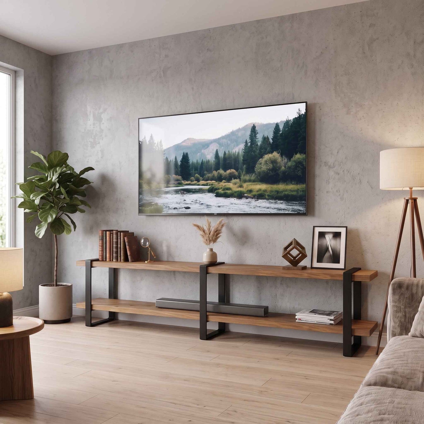 Rack ORVOK de dos niveles bajo un televisor de pared, en una sala de pared verde.