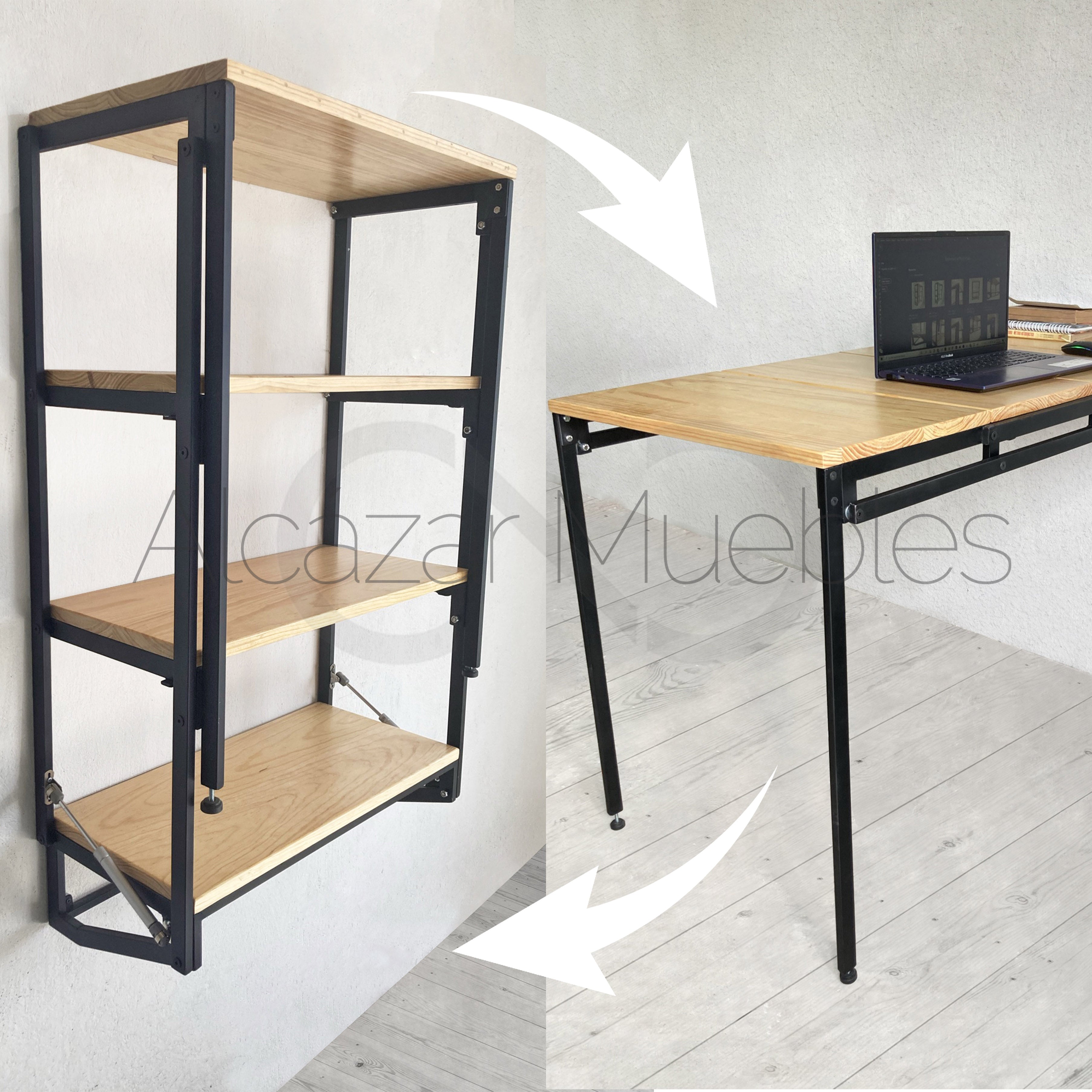 Librero-Escritorio Metal Plegable Estilo Industrial Pino Natural alcazarmuebles.com