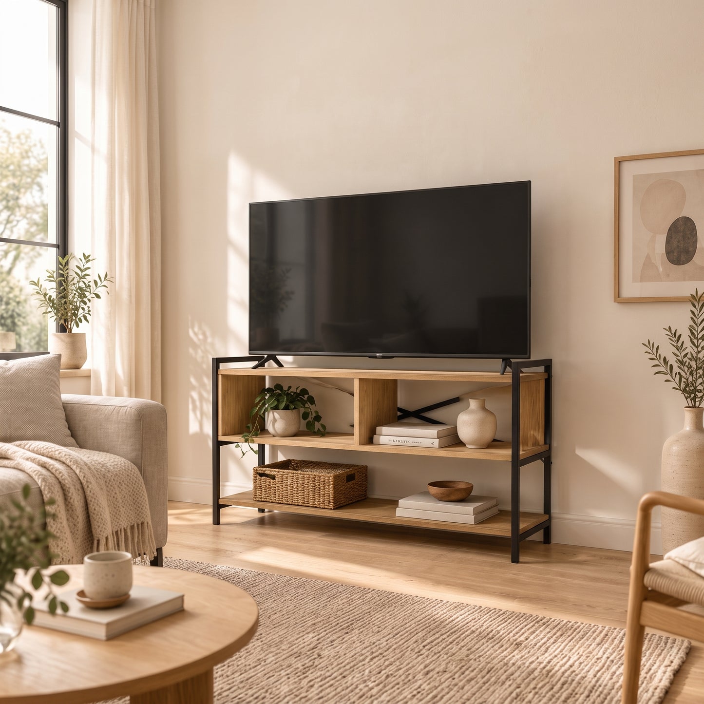 Rack BENSON de madera clara y acero negro con televisión, planta, libros y cesta tejida en una sala luminosa.