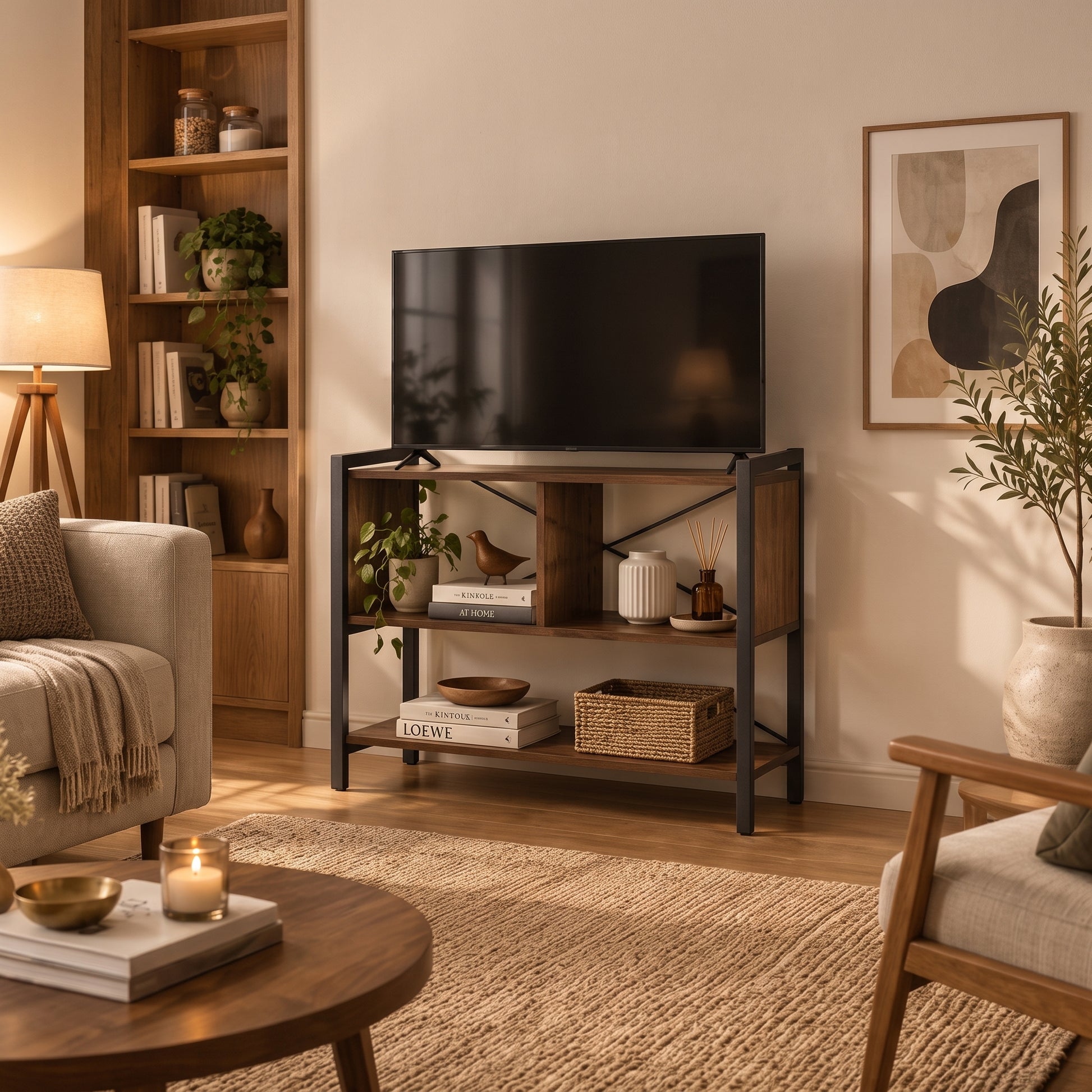Rack BENSON de madera oscura y acero negro 80 cm de largo con televisión, planta y cesta, junto a un librero de madera.
