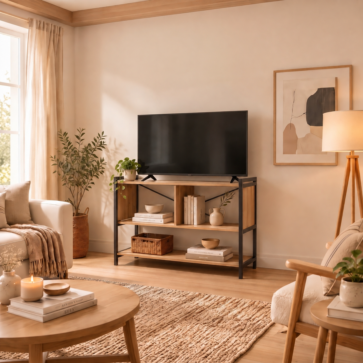 Rack BENSON con televisión, libros y cesta en sus repisas, junto a una lámpara de pie en una sala de tonos claros