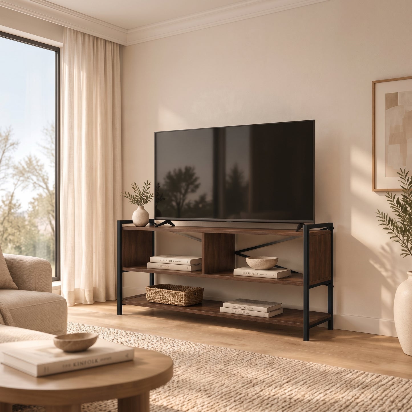 Rack BENSON 120 cm de largo con televisión, florero y libros, colocado junto a un ventanal con cortinas claras.