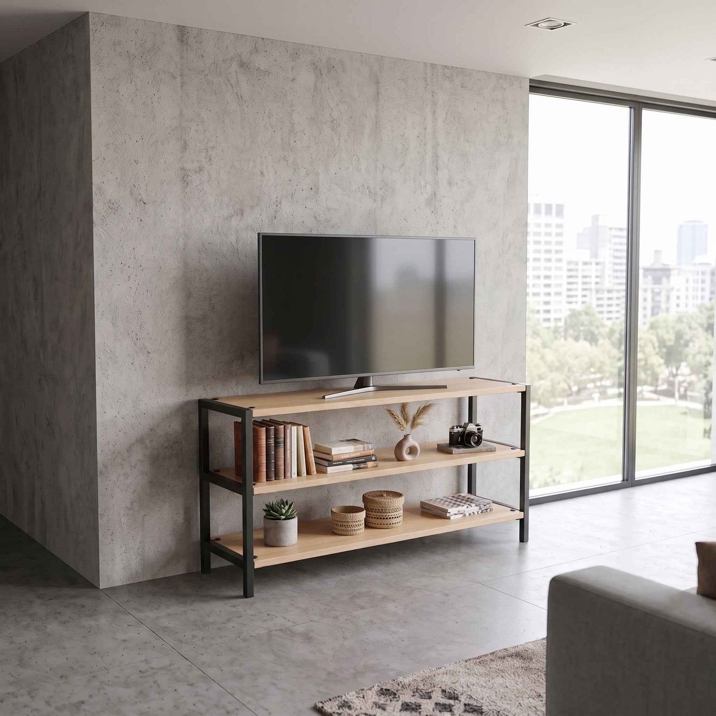 Mueble para TV Industrial Minimalista de 3 Niveles en Madera Maciza y Acero  120 cm largox 59 cm altura