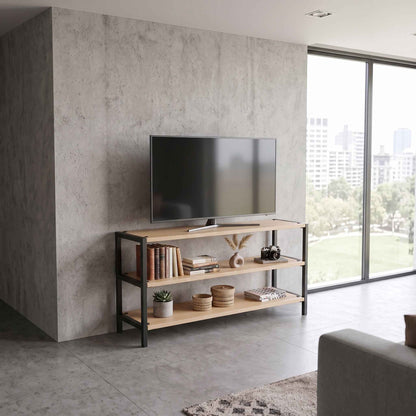 Mueble para TV Industrial Minimalista de 3 Niveles en Madera Maciza y Acero  120 cm largox 59 cm altura