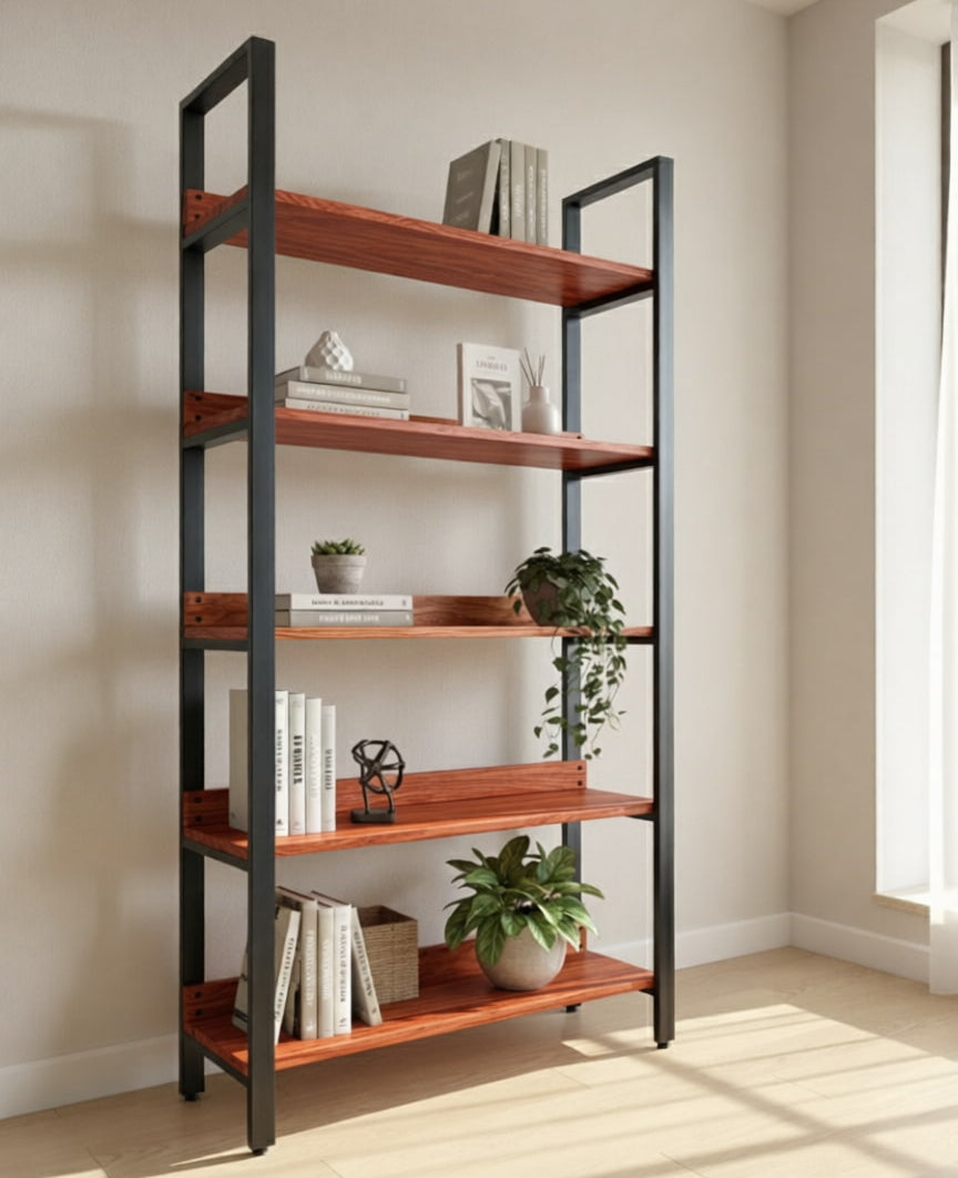 librero metal y madera con 5 repisas en una sala acabado cedro