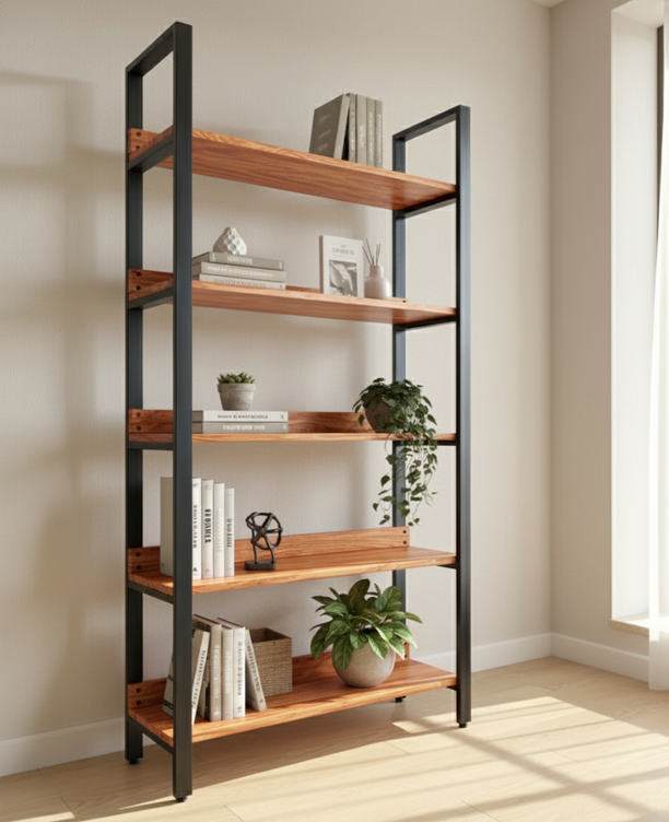 librero metal y madera con 5 repisas en una sala acabado roble claro