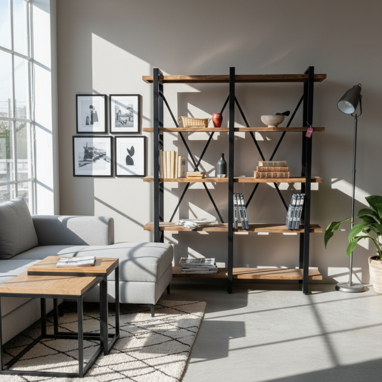 libero de estilio industrial de metal y madera en una sala