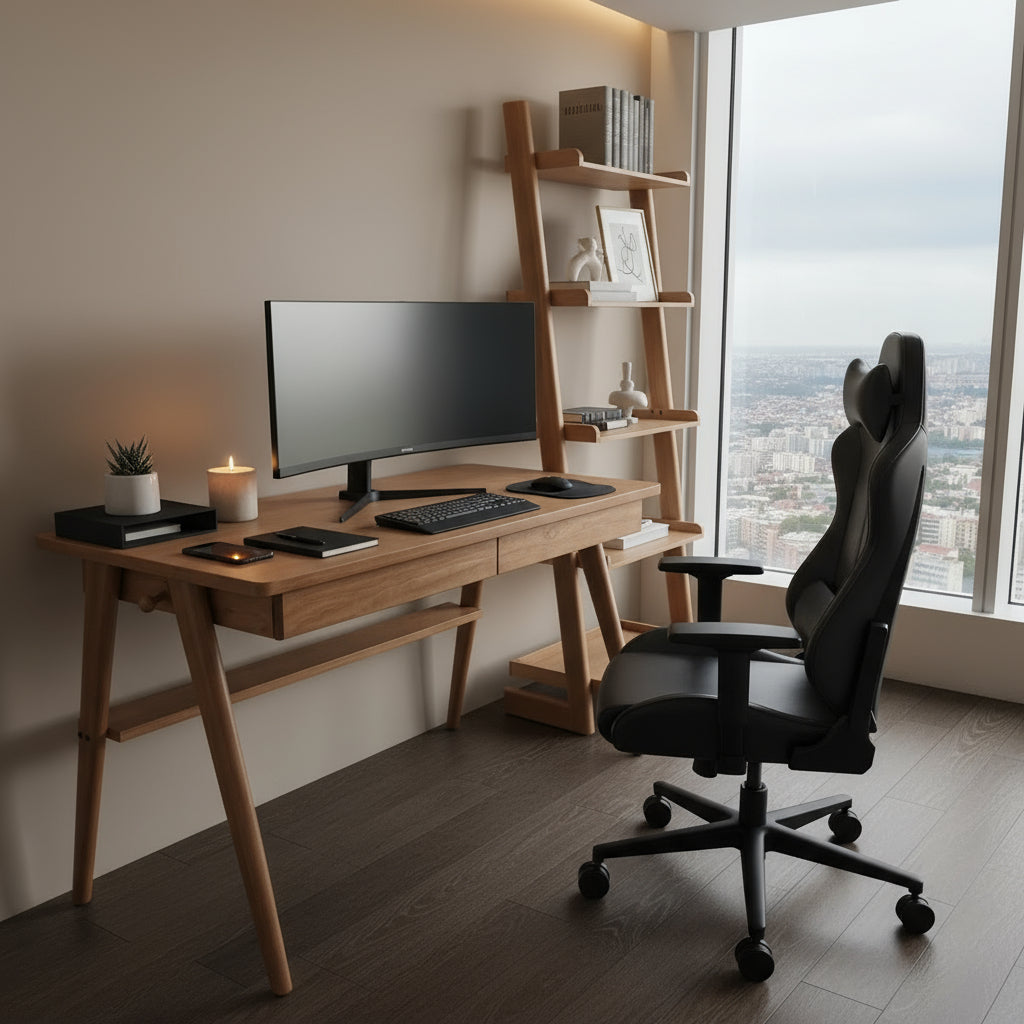 Escritorio de madera elegante con librero estilo nórdico acabado roble - Diseño minimalista
